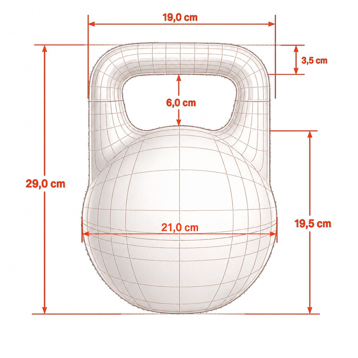 Maße der Strength2K Kettlebell: 29 cm Höhe, 21 cm Durchmesser, 19 cm Griffbreite